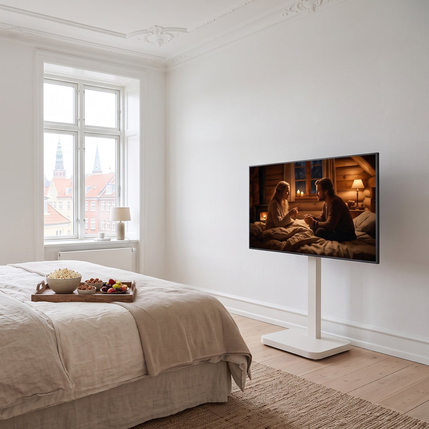 TV-stativ på hjul med 440 mm elektrisk høydejustering.