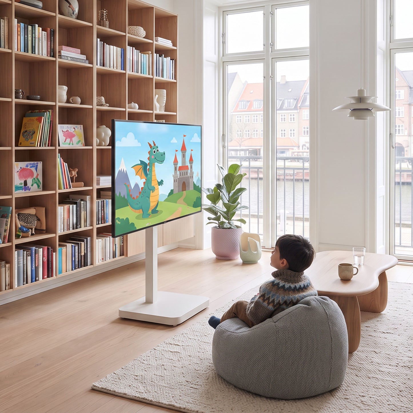 TV-stativ på hjul med 440 mm elektrisk høydejustering.