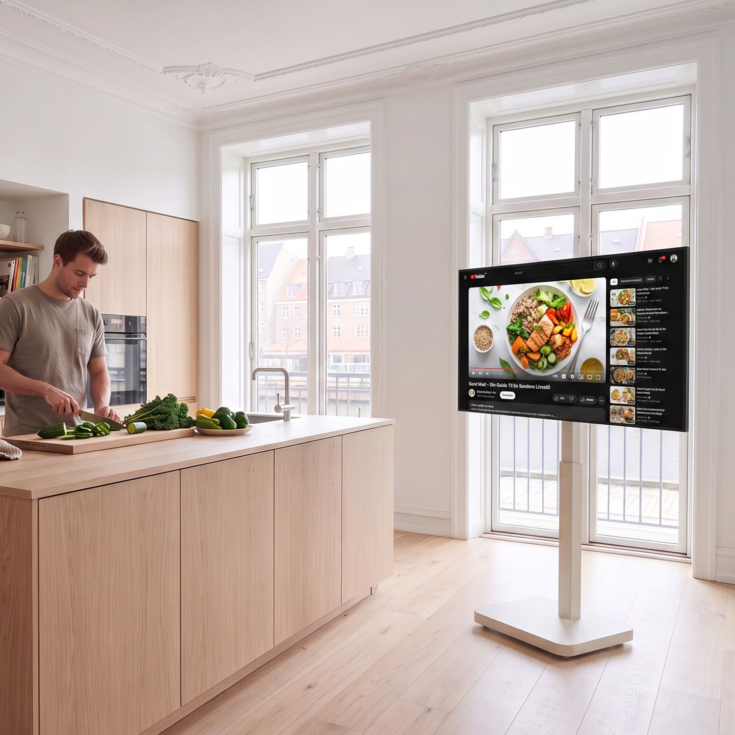 TV-stativ på hjul med 880 mm elektrisk høydejustering.