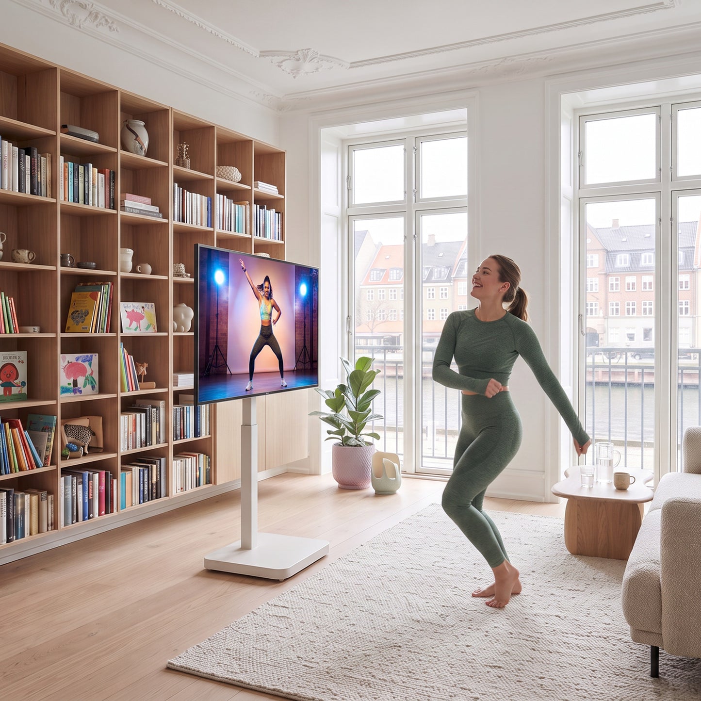 TV-stativ på hjul med 880 mm elektrisk høydejustering.